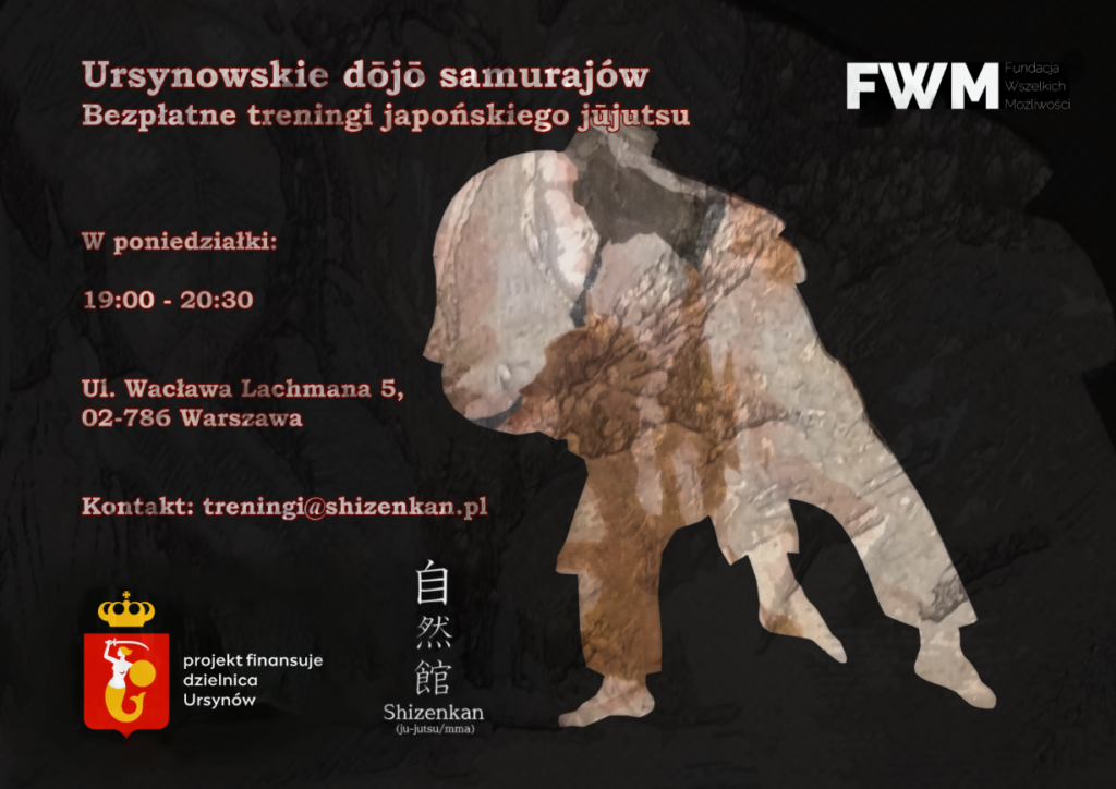 Dwie postacie walczą w konwencji jujutsu, opok informacje dotyczące terminów zajęć oraz logo FWM, Shizenkan i Finansuje dzielnica Ursynów