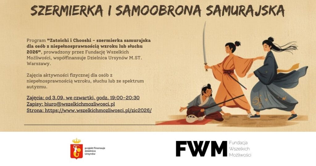 Grafika promująca zajęcia, przedstawiająca troje samurajów w bardzo bajkowy sposób.